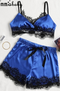 Sexy Blue Silk Lace Bra With Panties Set