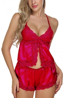 Sexy Red Silk Lace Trim Sling Pajama Shorts Set