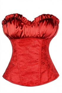 Red Lace Sleeveless Overbust Corset With Super Soft Ruffled Satin Neck and Tie Back