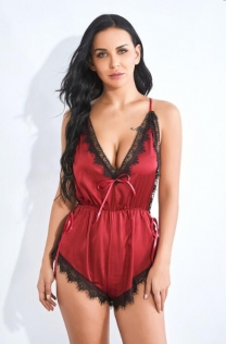 Red Sexy Lingerie Ice Silk Suspender Eyelash Lace Bodysuit