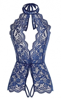 Blue sexy flower lace mesh perspective bodysuit