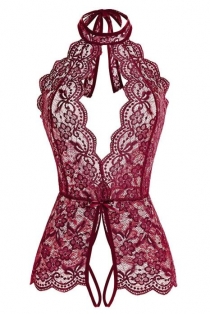 Burgundy sexy flower lace mesh perspective bodysuit