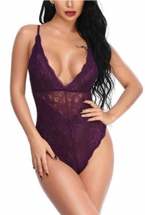 Mysterious purple sexy lace stitching mesh bodysuit sexy pajamas