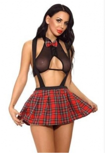 Black Sheer bra with Red Plaid School Girl Skirt