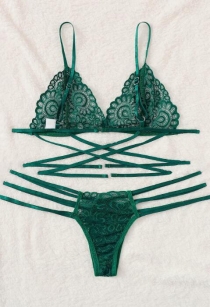 Green criss cross lace bra & panties set
