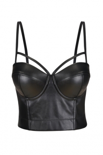 Black Faux Leather Push Up Bra Tops Tank Bralette