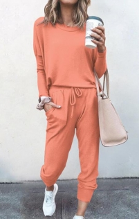 Loose solid orange color long-sleeved casual suit