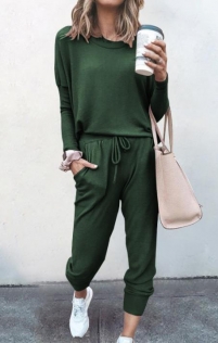 Loose solid dark green color long-sleeved casual suit