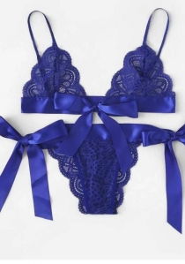 Blue Lace Bow Bralette Panties Set