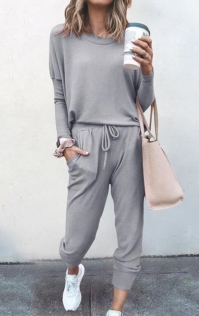 Loose solid light gray color long-sleeved casual suit