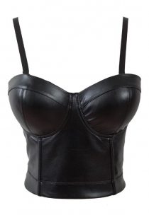 Black Faux Leather Corset Bra Tops Push Up Tank Bralette Blouse