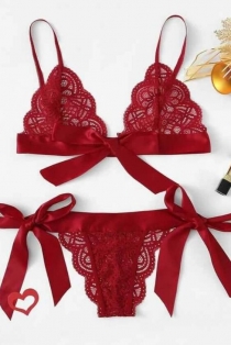 Burgundy Lace Bow Bralette Panties Set