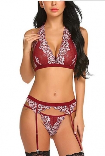 Red Halter Bralette Top with Panties, Garters set