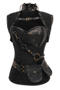 Gothic Women Vintage Waist Bustier Steel Boned Steampunk Jacket Corset With Belt, Black