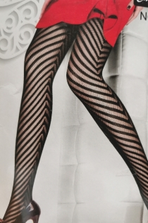 Black Fishnet Full-Length Stockings With Zig-zag Pattern and Seamlines Covering Entire Garment