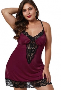 Slutty plus size babydoll burgundy lace sleepwear