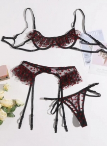 Black lace perspective heart polkadot underwired three-point underwear 3 pcs set