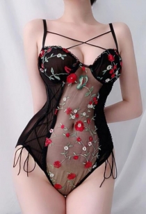 Black lace embroidered sexy lingerie one-piece