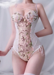White lace pink embroidered sexy lingerie one-piece