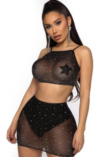 Black see-through rhinestone transparent bodysuit