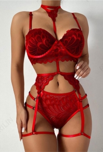 Three-point sexy women's wine red lace erotic lingerie set