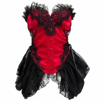 Red Overbust Corset With Lace Ruffle Trim, Hook-eye Closure Front, Lace-up Back, and Black Layered Side Peticoat