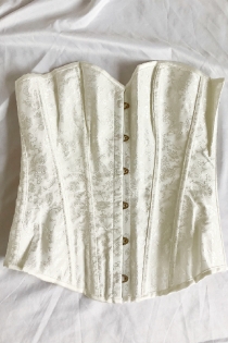 White Victorian Corset With Discreet Floral Brocade Pattern, Modesty Cover, Front Busk