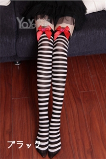 Black and White Vertical Striped Thigh-high Strawberry Shortake Stockings With Upper Red Bow Design and Strawberry Accents
