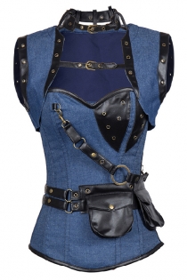 Burlesque Blue Denim Faux Leather Corset Punk Steampunk Overbust Corselet