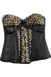 Burlesque Leopard Satin Overbust Corset  with Lace ruffled trim