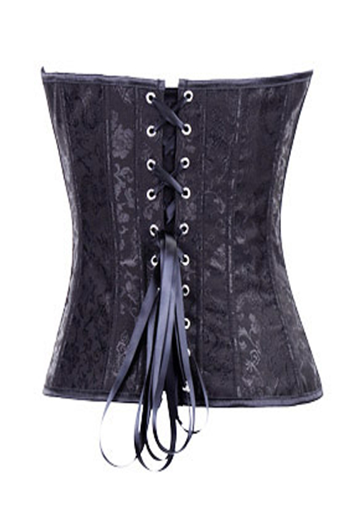 Black Victorian Corset With Discreet Floral Brocade Pattern, Modesty