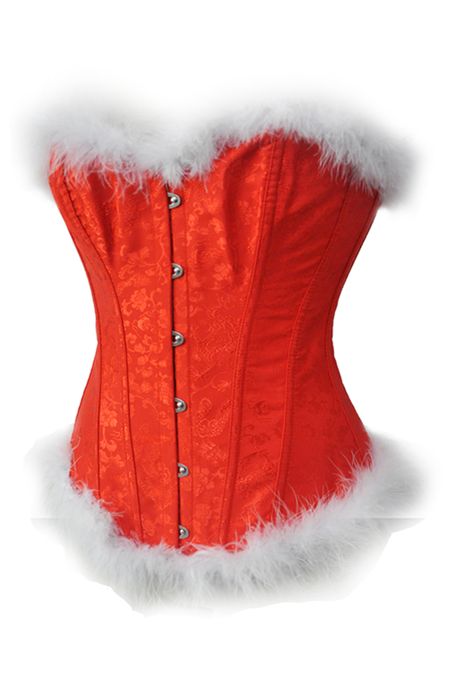 Front Busk Red Brocade Overbust Christmas Corset With White Fur Trim