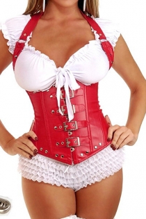 Fetish Red Faux-Leather Waist Training Corset With Halter Straps, Buckles Over Front Zipper and Studs