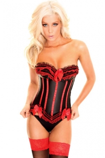 Naughty Black Satin Corset With Red Strips and Bows and Black-and-Red Lace Ruffle