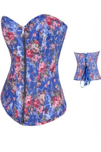 Spring-Time Blue Denim Corset With Retro Rose Flower Pattern, Front Zipper