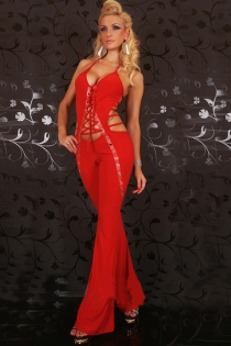 Flirtatious Red String Halter Plunging Top Enticing Crisscrossed Cut Body Sequence Interlinks Smooth Long Pants