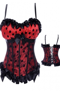 Combination-Style Red Corset With Black Polka Dots and Underbust Lace Overlay, Ribbon Bows and Ruched Trim With Straps