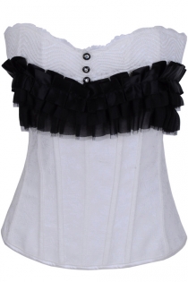 White Corset With Black Pearl Buttons, White Wavey Bust Stitching and Black Satin Ruffles