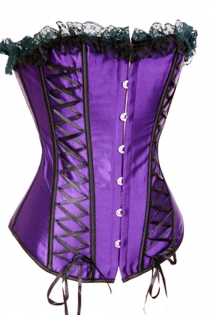 Purple Satin Corset With Black Lace-up Side Panels and Black Bust Lace Ruffle, Front Busk