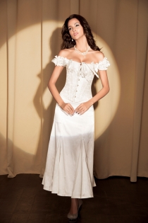 White Steel Boned Corset Top With Brocade Pattern, Ruched Satin Sleeves and Ribbon Bows, Front Busk