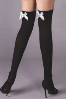 Semi-Sheer Black Thigh-High Stockings With White Satin Bows on Welt Backs