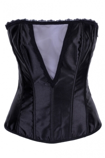 Black Satin Boned Overbust Corset With Black Lace Trim, Sheer Bust Panel, and Black Lace-up Back