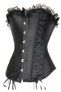 Black Satin Corset With Lace-up Side Panels and Bust Lace Ruffle, Front Busk
