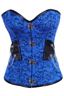 Bright Blue Lace Corset With Black PU Trim, Silver Clasps and Draped Silver Chains