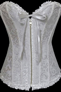 White Waist Training Corset of Floral Brocade With Ruffle Ribbon Trim, Sweetheart Neckline, Front Zipper