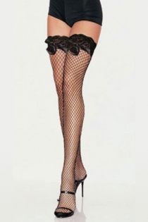 Black Fishnet Thigh-High Stockings With Silicon Lacy Welts and Black Satin Bows
