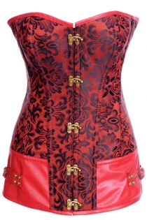 Steampunk Red Corset Dress With Black Floral Pattern, Faux-Leather Buckled Side Squares, Novelty Front Busk
