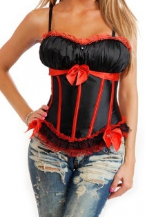Black Twin Button Corset With Comfortable Bust, Red Lace Trim, Bows and Ribbons, and Removable Straps