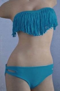 Captivating Light Blue Two Piece Swimwear Fine Strips Threadlike Cup Design Gorgeous Small Cuts Front SideLower Piece
