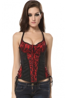 Red and Black Halter-style Corset With Lace Overlay, Lace-up Sides, and Black Satin Ribbon Lace-up Back